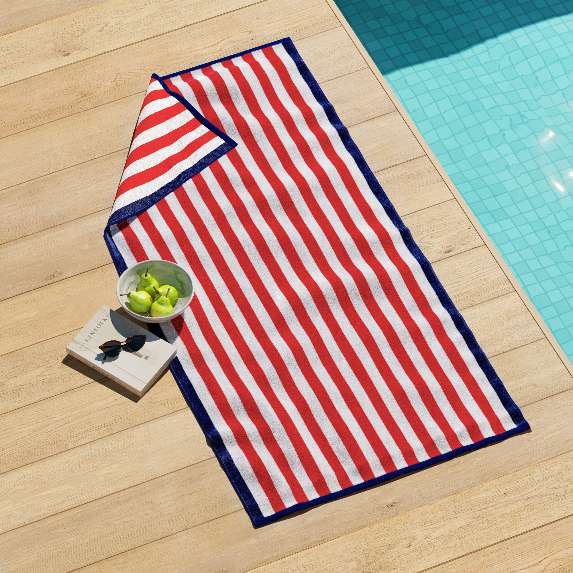 100% Cotton Velour Stripe Border Oversized Beach & Pool Towels - 35" x 70"