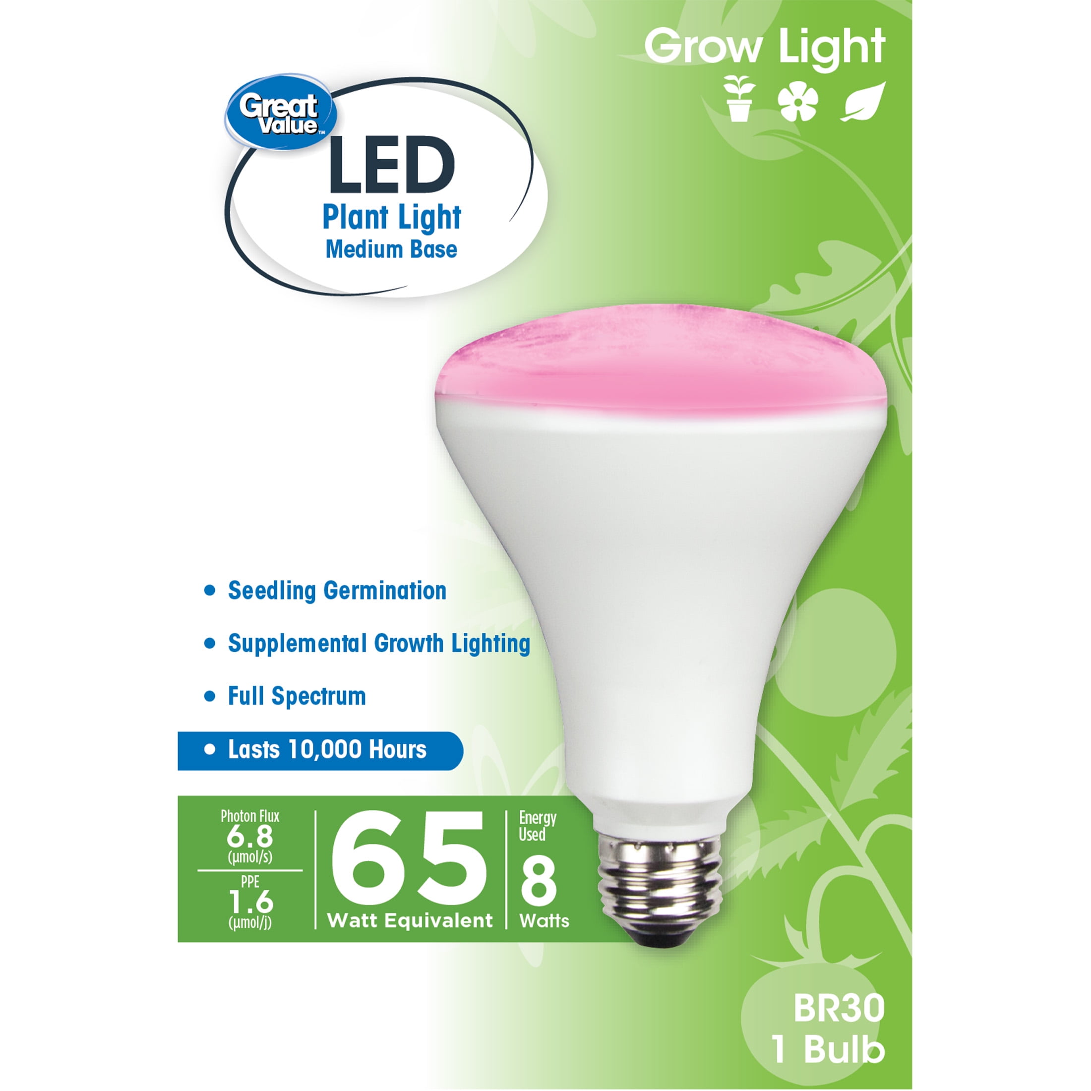 TCP RLBR30HH 65 Watt Equivalent LED Light Bulbs for Plants Full Spectrum | Non-Dimmable 8W Shatter Resistant Energy Efficient BR30 Shape E26 base 