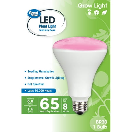 

Great Value LED Light Bulb 8W (65W Equivalent) BR30 Grow Light E26 Medium Base Non-Dimmable Plant 1-Pack