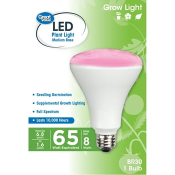 Great Value LED Light Bulb, 8W (65W Equivalent) BR30 Grow Light E26 Medium Base, Non-Dimmable, , 1-Pack
