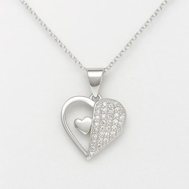 Collar Dual De Corazones Con Zirconia Para Mujer Plata 925 Plateado