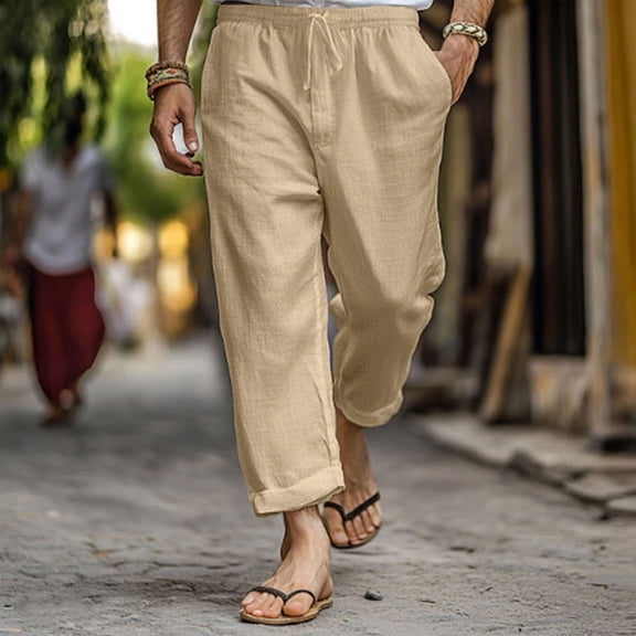 Dxzfnsa Mens Cotton Linen Pants Men's Casual Solid Color Elastic Waist Drawstring Pants Lightweight Loose Fit Summer Beach Trousers with Pockets