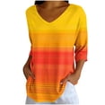 thumbnail image 2 of Uootdi 3/4 Sleeve Blouses Women V Neck Horizontal Stripe Gradient 3/4 Sleeve Curved Hem Relaxed Fit Tees Coastal Stroll Moisture Release Casual Shirts Women, 2 of 7