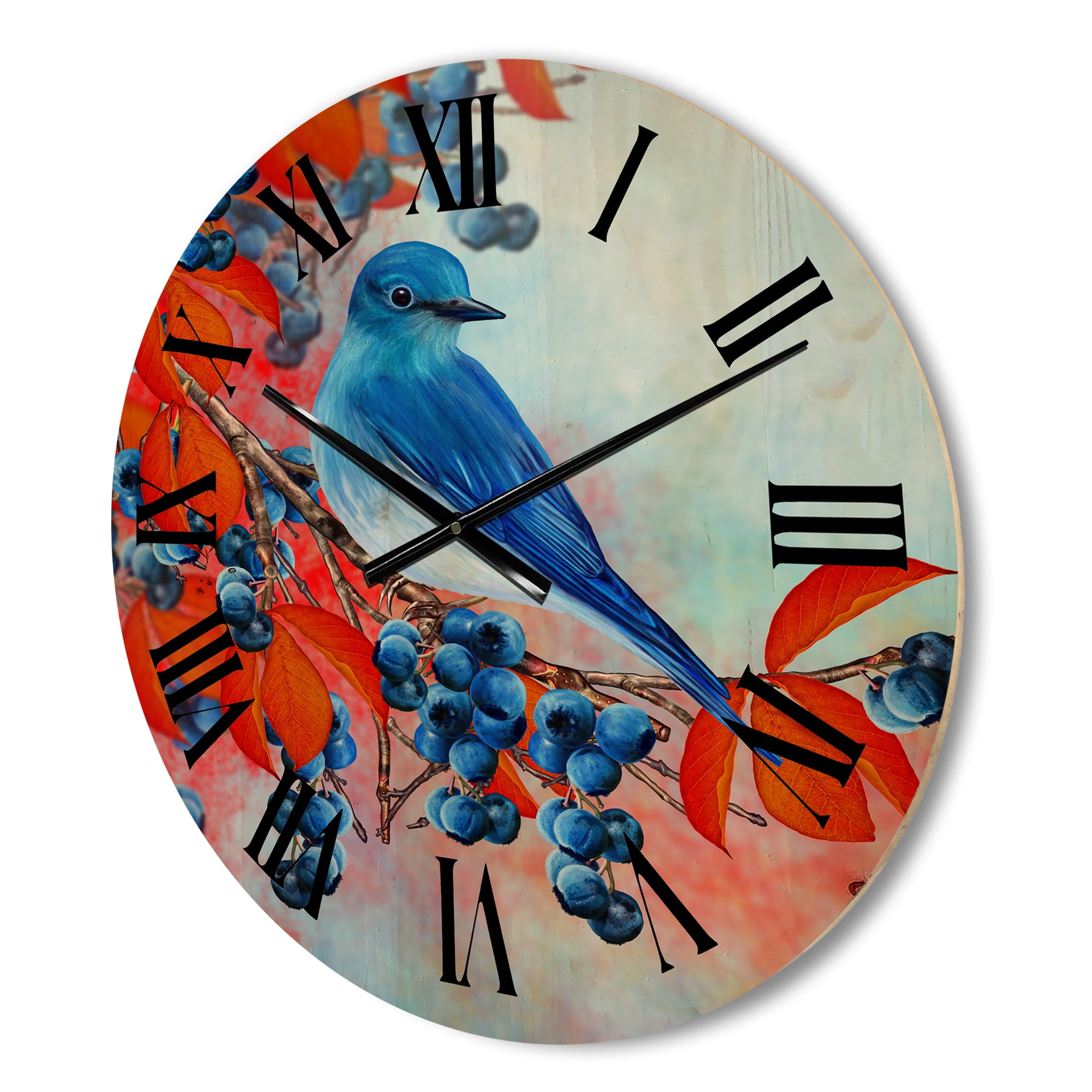 Designart 'Bright Bird Bullfinch Sitting On A Branch of Berries III' Traditional Wood Wall Clock
