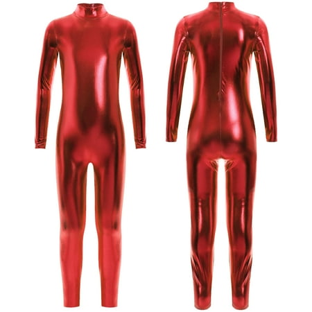iiniim Girls Long Sleeve Shiny Metallic Jumpsuit Dance Gymnastics Leotard Bodysuits Unitard Dancewear Red 2-4
