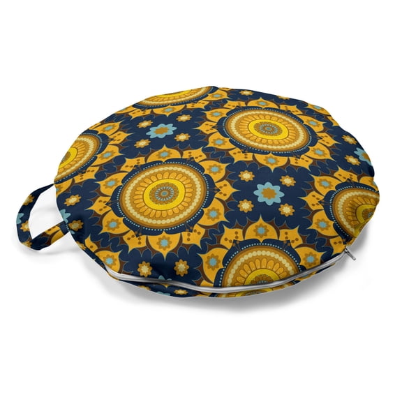 Ethnic Round Floor Cushion with Handle, Rhythmic Sun Symbol Flowers Motifs in Bicolored Illustration Print, Pillow for Living Room & Dorms, 18" Round, Marigold Dark Violet Blue, by Ambesonne