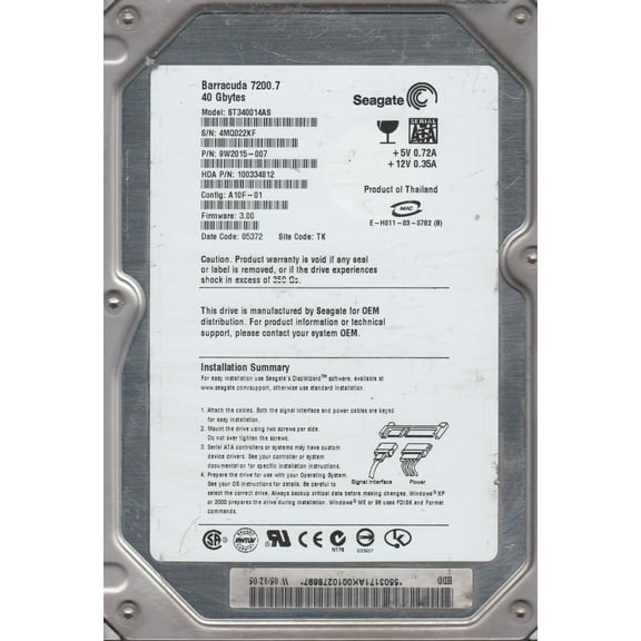 ST340014AS, 4MQ, TK, PN 9W2015-007, FW 3.00, Seagate 40GB SATA 3.5 Hard Drive