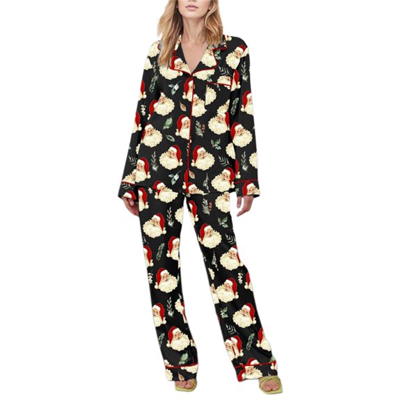 Christmas Pajama Set for Women Santa Claus Print Long Sleeve Button Down Pjs Xmas Nightgown Loungewear