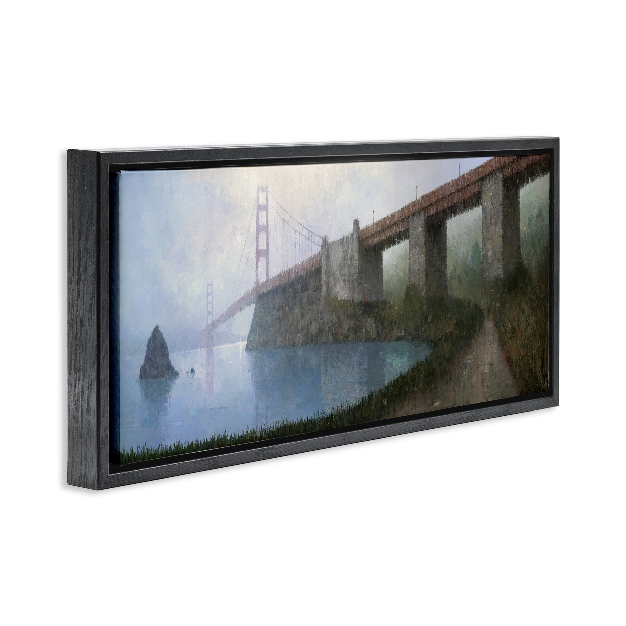 Stupell Industries Bridge over Misty Waters Buildings & Architecture Painting Black Floater Framed Canvas Art Print Wall Art, 25 x 11