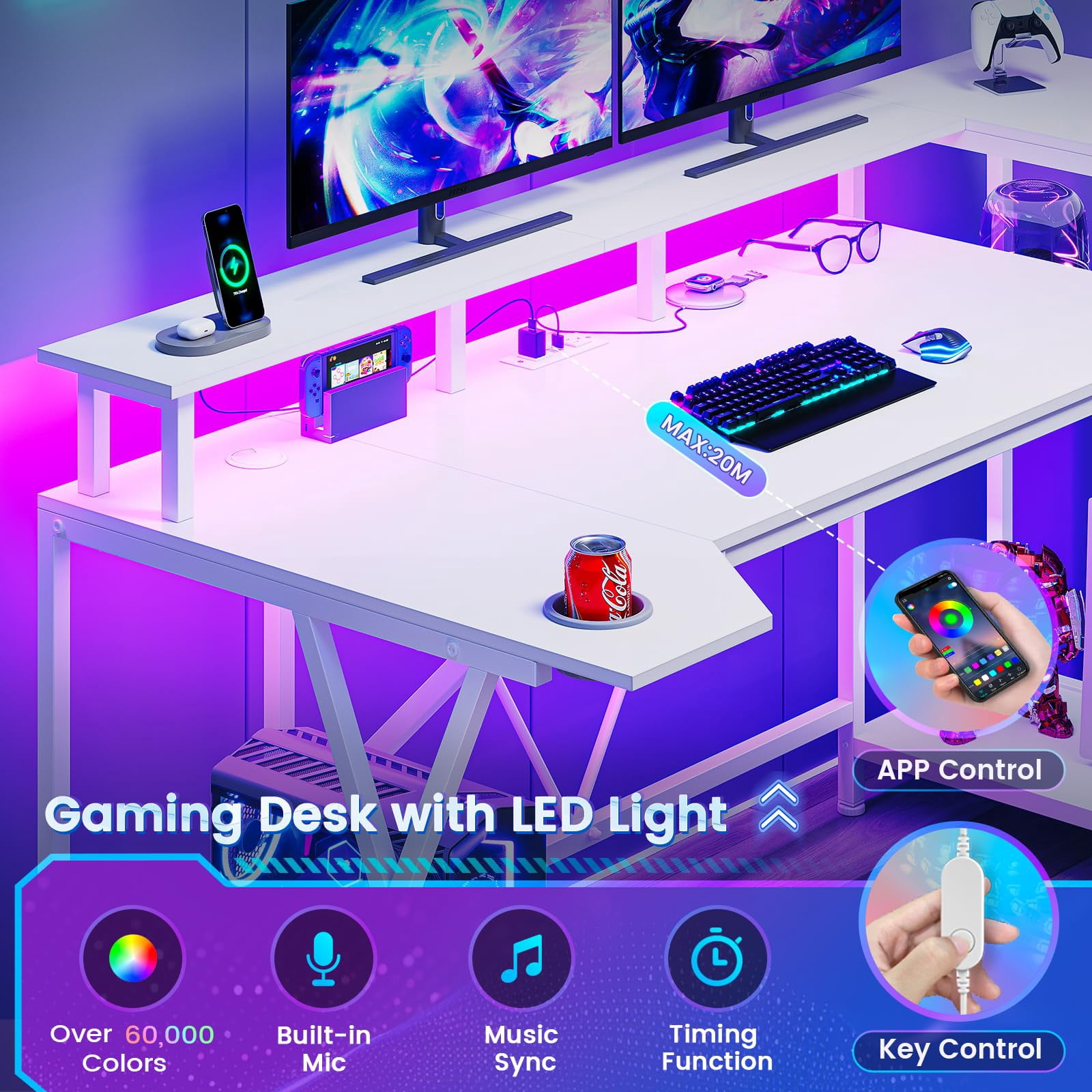 White 55" Gaming Desk with Monitor Stand, Computer Desk with LED Lights and Storage Shelves, Power Outlets and Cup Holder, Large PC Gaming Table for Bedroom Living Room