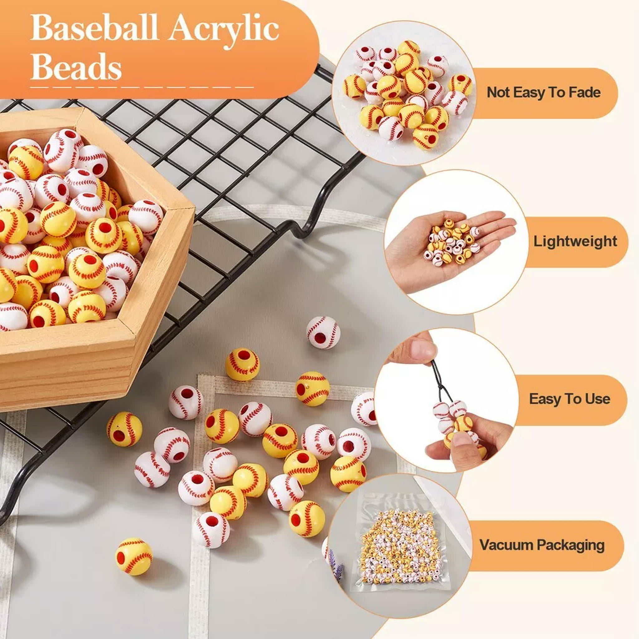 U8MO 200Pcs 2 Colors Opaque Acrylic Baseball Round Beads Jewelry Making 11.5x10.5mm