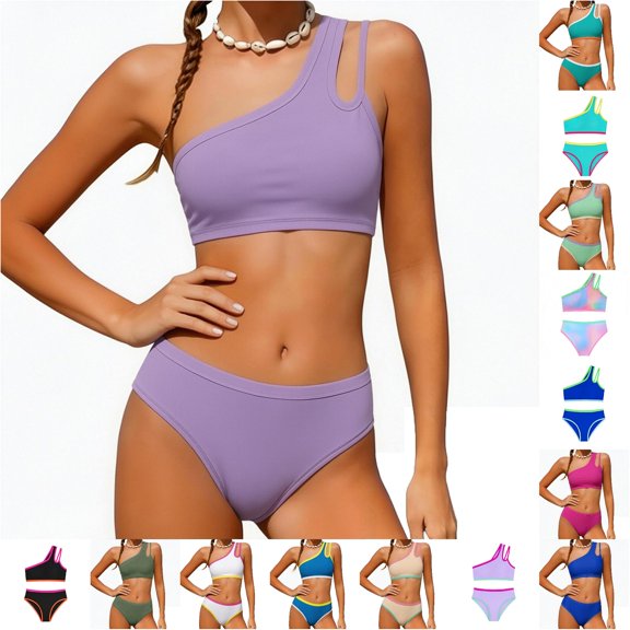 Girls Swimsuit Two Piece One Shoulder Bathing Suit with Chest Pad Color Block Bikini 9-10 Years