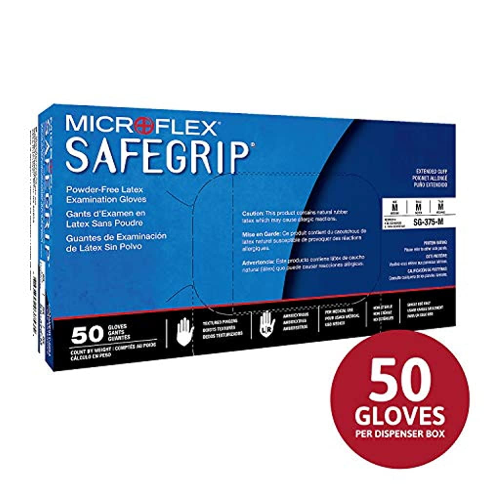 Microflex SG-375-XL Safegrip Exam Gloves Blue 10 Box per Case XL 50 per Box Pack of 500 Extended Cuff PF Latex Textured