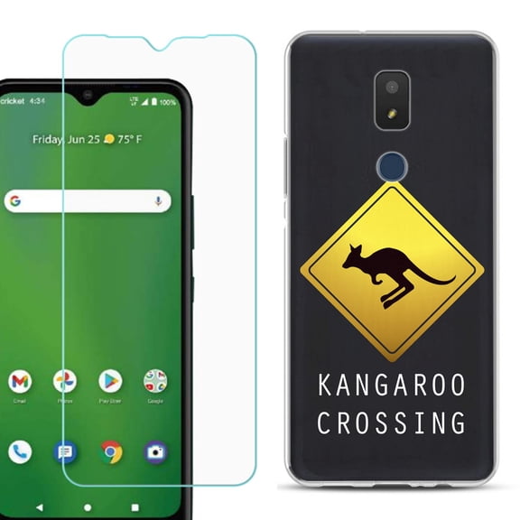 Slim-Fit TPU Fashion Phone Case for Cricket Icon 3, with Tempered Glass Screen Protector, by OneToughShield ® - Road Sign Kangaroo