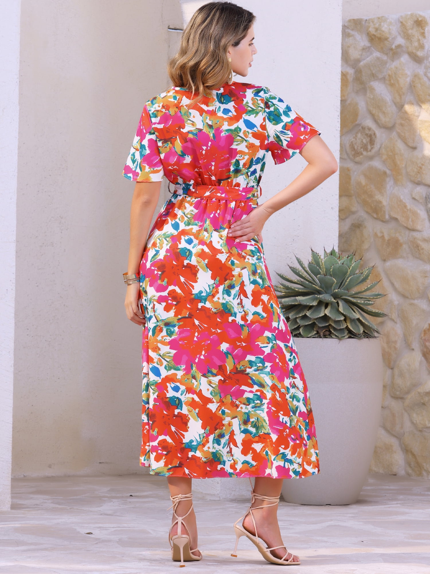 DARING DIVA Floral Split Hem Short Sleeve Maxi Tropical Dress S White Pink