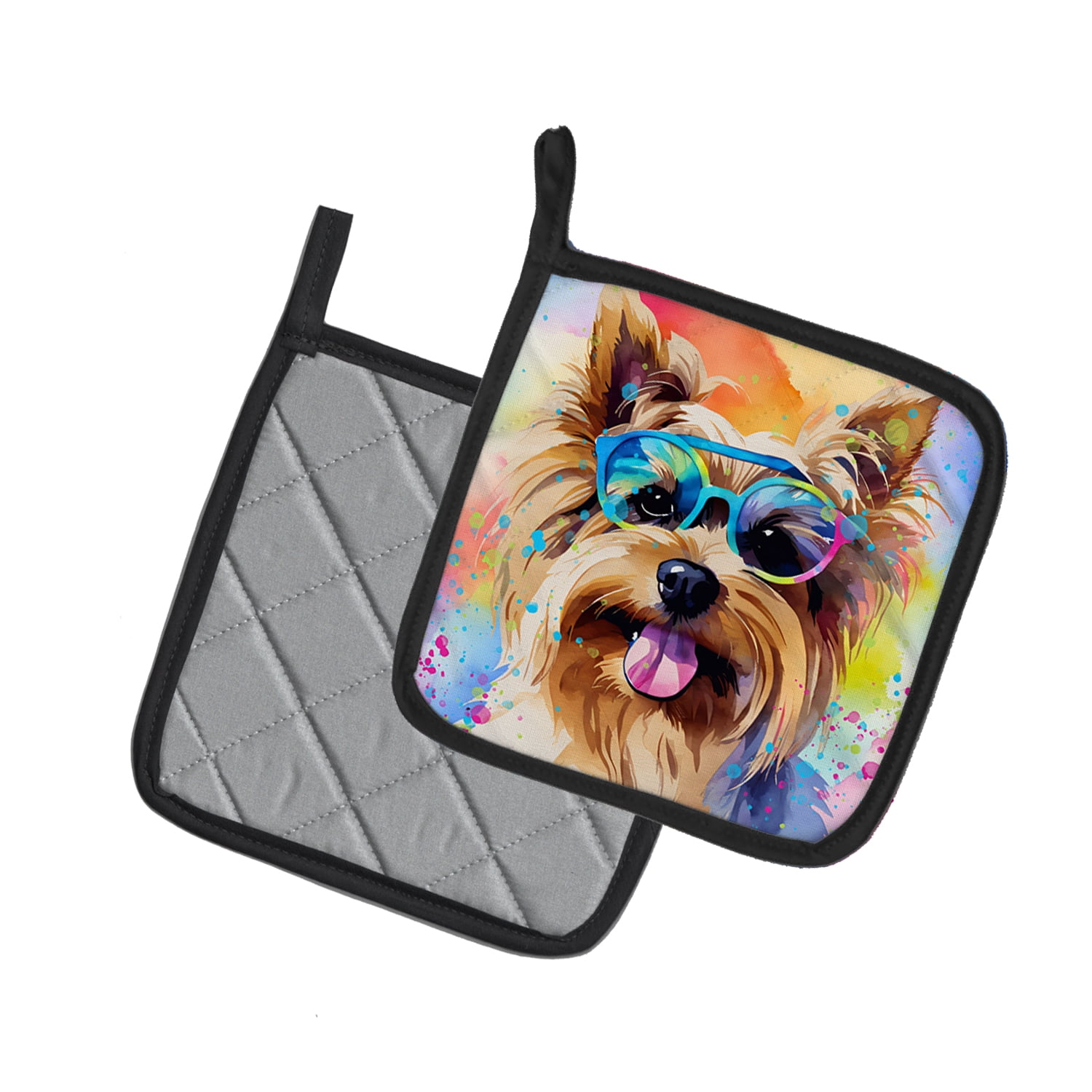 Yorkshire Terrier Hippie Dawg Pair of Pot Holders 7.5 in x 7.5 in