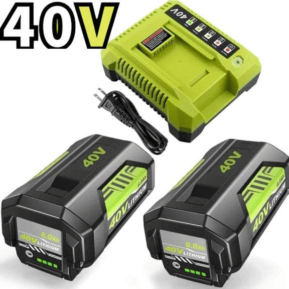2 Pack 6.0Ah 40 Volt Replacement for Ryobi 40V Battery and Charger Kit Lithium OP4040 OP40401 OP4026 OP40261 OP4050 OP40601 (Green)