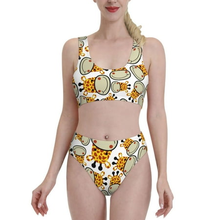 Bixox Giraffes Head Pattern Two-Piece Sports Bikini with U-Shaped Top and High-Waist Bottom - Women s Swimwear with Removable Bra Pads