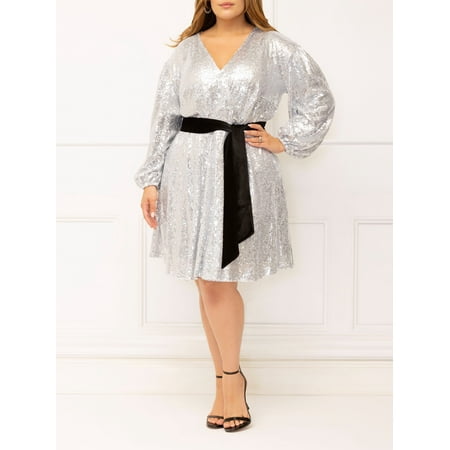 ELOQUII Elements Women's Plus Size Belted Sequin Wrap Dress