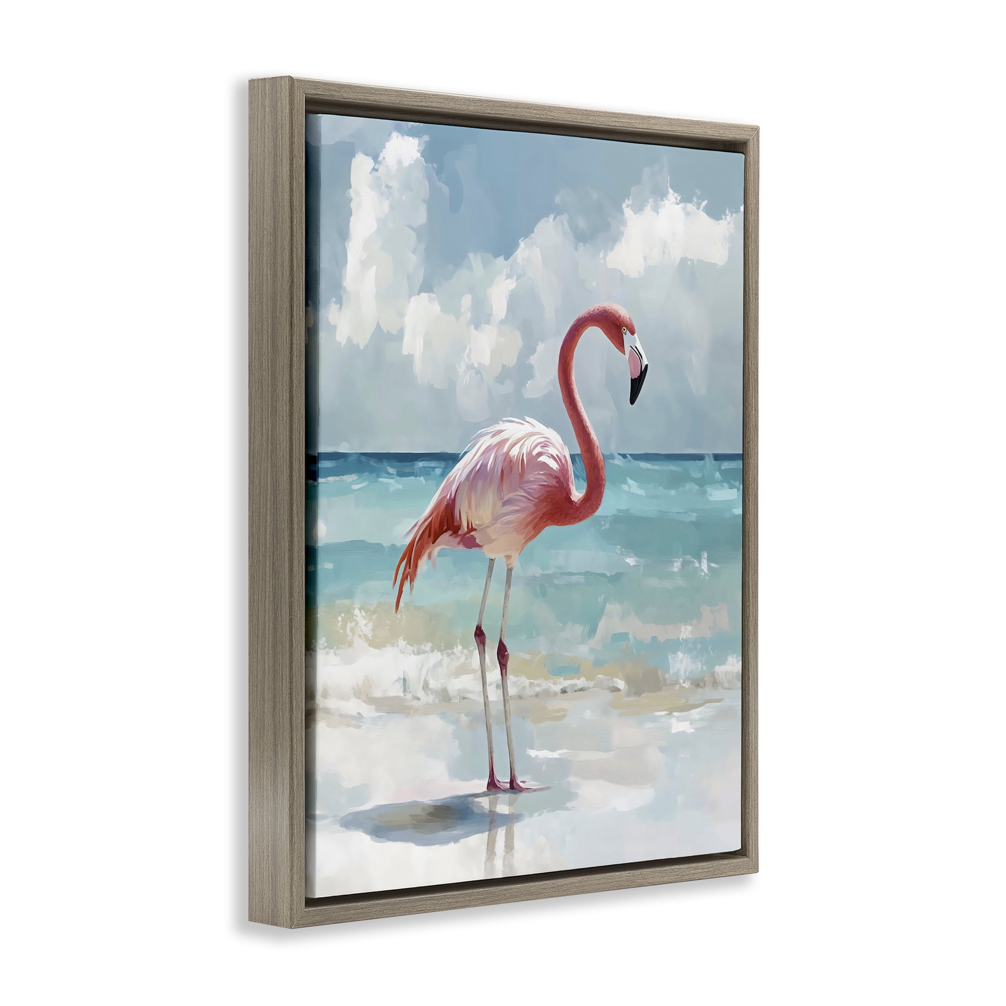 Stupell Industries Flamingo At Shore Brown Framed Floater Canvas Wall Art, design by The Prints Vibe