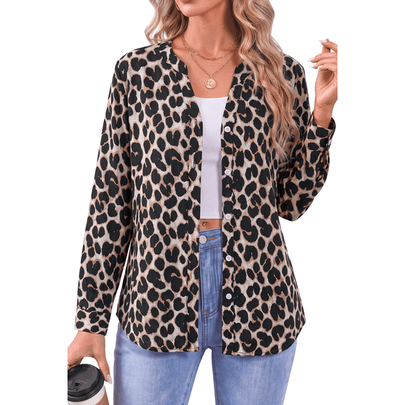Fantaslook Womens Button Down Shirts V Neck Long Sleeve Shirt Printed Business Work Blouses Dressy Casual Fall Tops