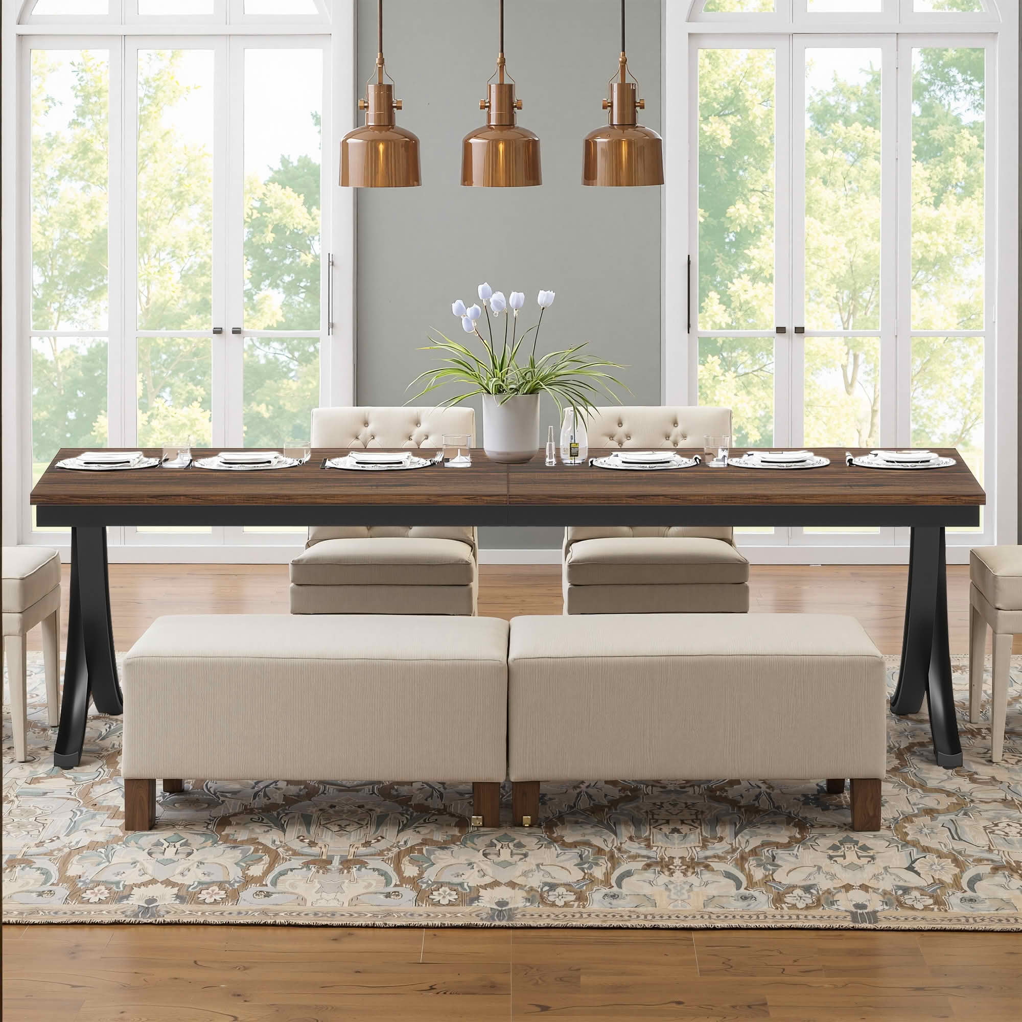 MAYEERTY 78.74 Inch Black Farmhouse Dining Table, Wood Top Metal Leg Rectangular Table Seats 6-8