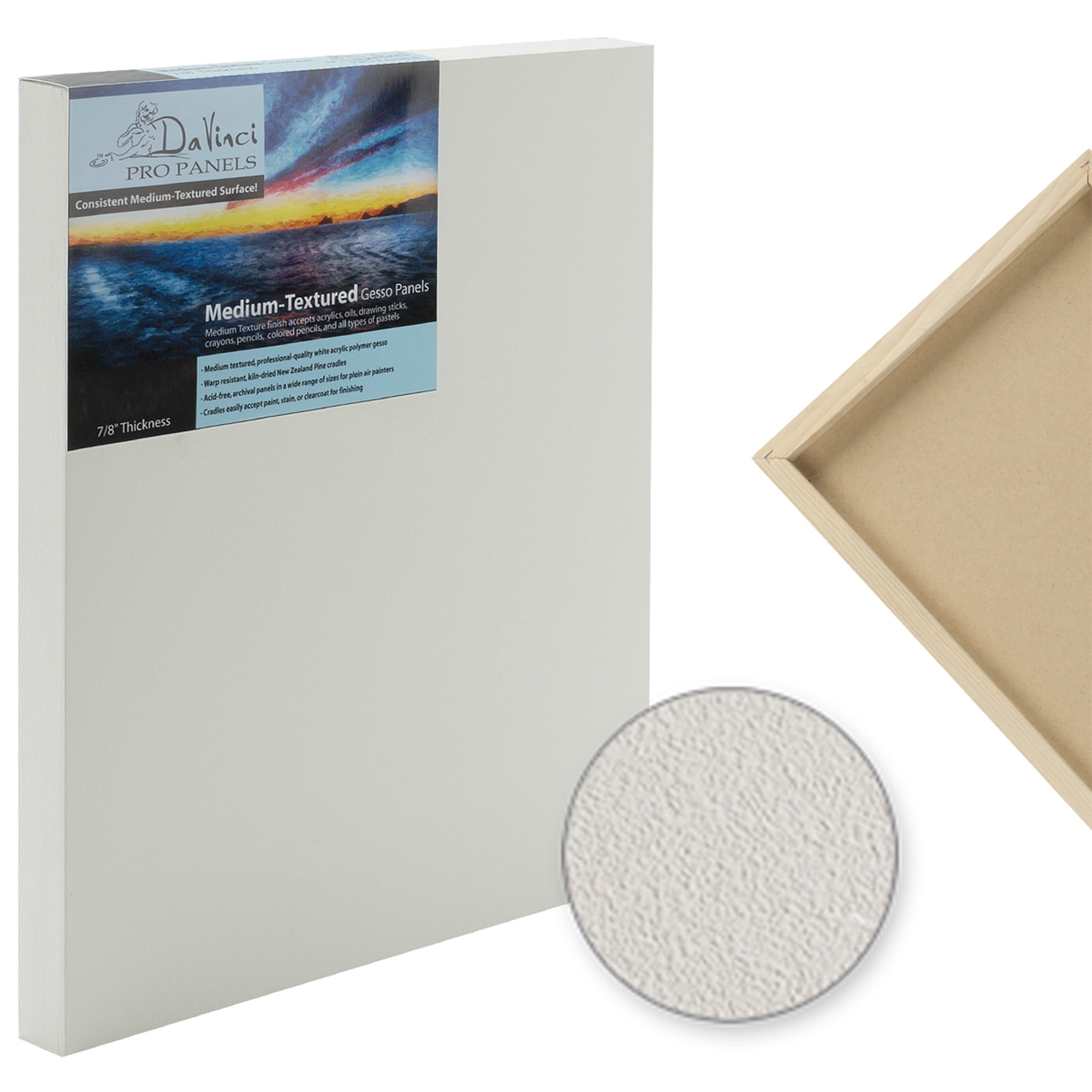 Da Vinci Pro Medium Textured Gesso Panel - 8x8"  - 6 Pack - 2" Depth Wood Panels for Painting - Accepts Mediums like Canvas - For Oils, Acrylics, Mixed Media, Pastels & Drawing Sticks