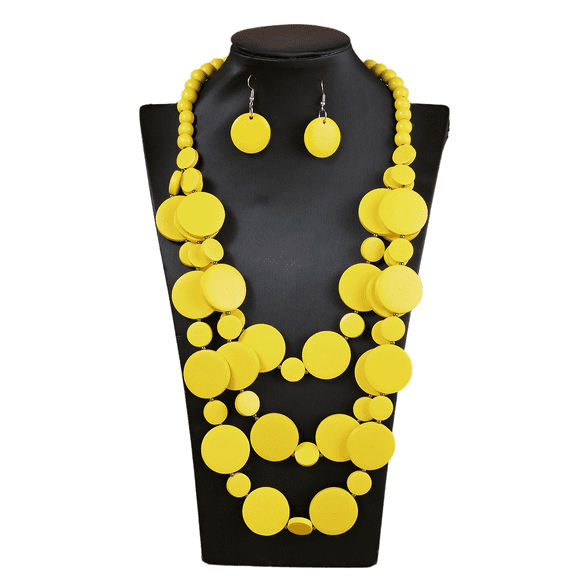 Statement Multicolor Wood Bead Chunky Layered Necklace Earring Set For Women Multi Layer Color Wooden Beaded Bib Long Strand African Necklace For Women Fashion Jewelry Costume