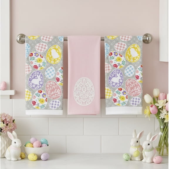 Serafina Home Easter Spring Kitchen Towels With Lace Egg And Bunnies, Set Of 3