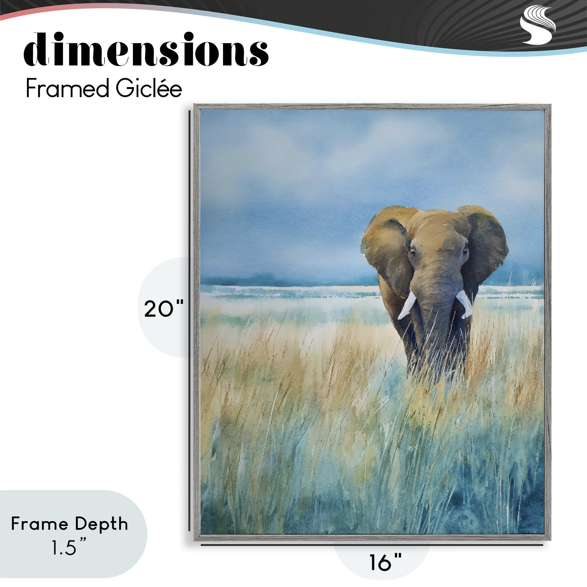 Stupell Industries Blue Grass Elephant Gray Framed Giclee Art, design by Franklyn Gregory