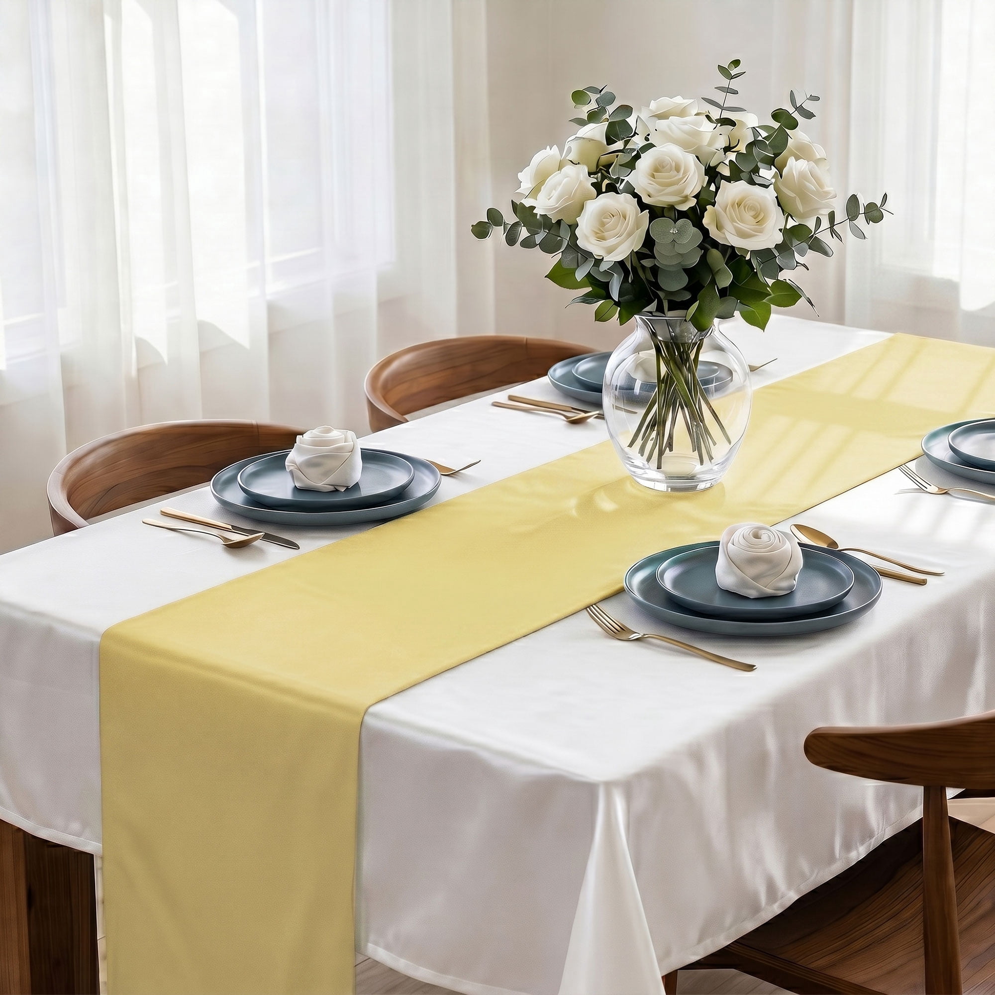 TickJOY 12 Pcs Satin Table Runner 12x108 Inches Long, Satin Silk-Like Smooth Table Decorations for Birthday Parties, Buffet, Banquets, Graduations, Engagements (Champagne, 12'' x 108'')