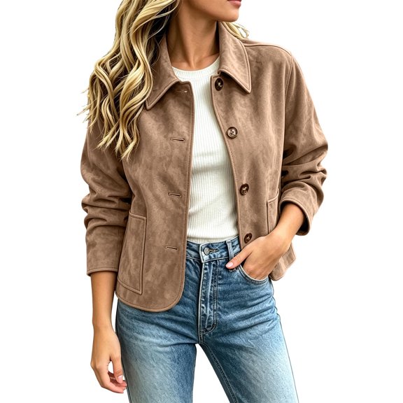 Floleo Womens Soft Microfiber Jacket Button Down Collared Long Sleeve Casual Outerwear with Patch Pockets for Fall Spring Daily Wear