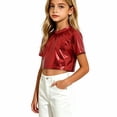 thumbnail image 3 of THDHVS Shirts for Girls,Shiny Metallic Round Neck Short Sleeve Crop Top Cool Performance Costume for Kids Boys Girls,Girls Tops Red 3-4 Years, 3 of 9