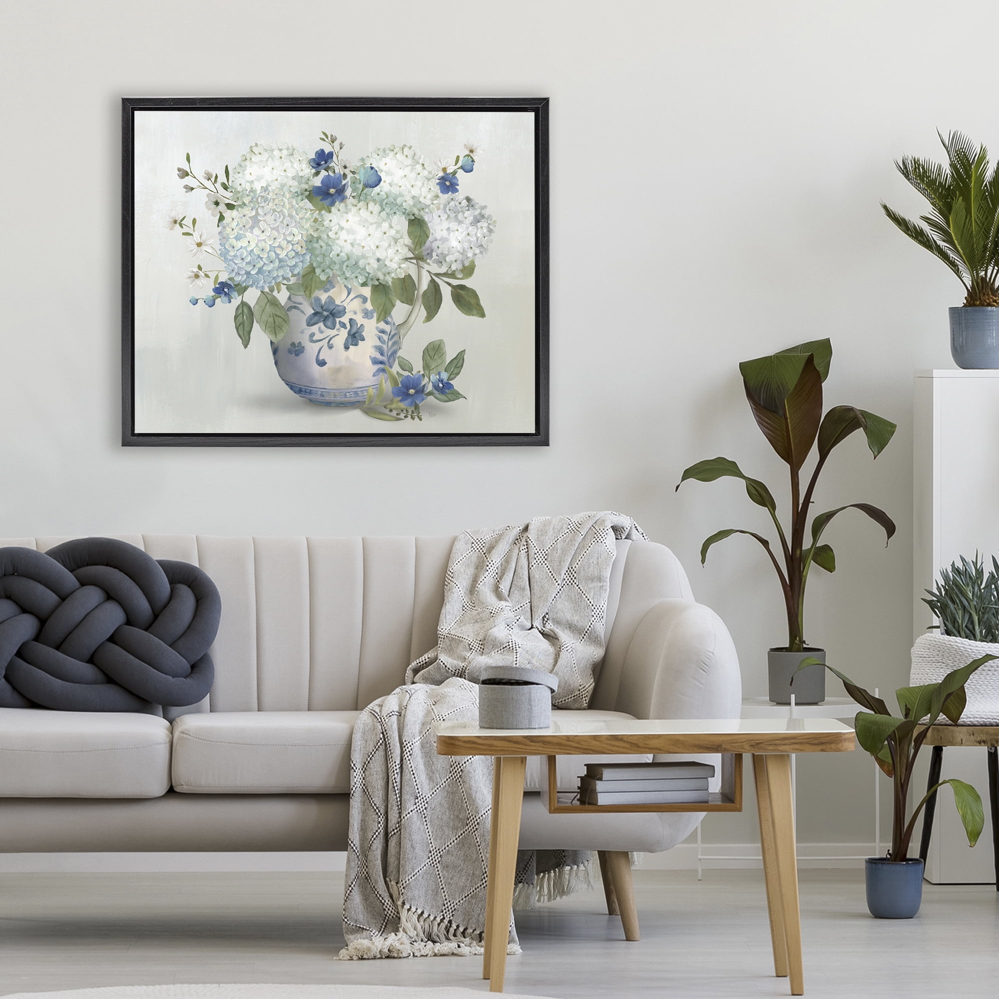 Stupell Industries Ivory & Blue Hydrangea Vase Black Framed Floater Canvas Wall Art, design by Nan