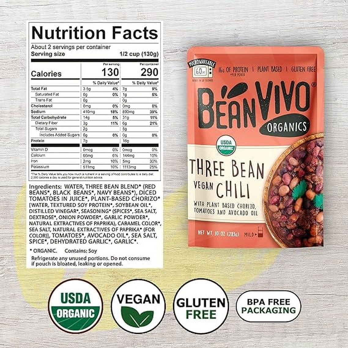 (4 pack) BeanVIVO Organics Three Bean Vegan Chili - Good Source of Fiber - Nutritious & Microwave Meals - Gluten-Free Plant Food - 10 oz Pouch