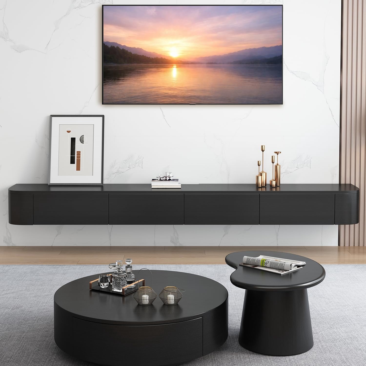 Modern Floating TV Unit with LED Lighting | Wall-Mounted Entertainment Media Console | Large Storage TV Bench for Living Room & Office (Black, 55.1'')