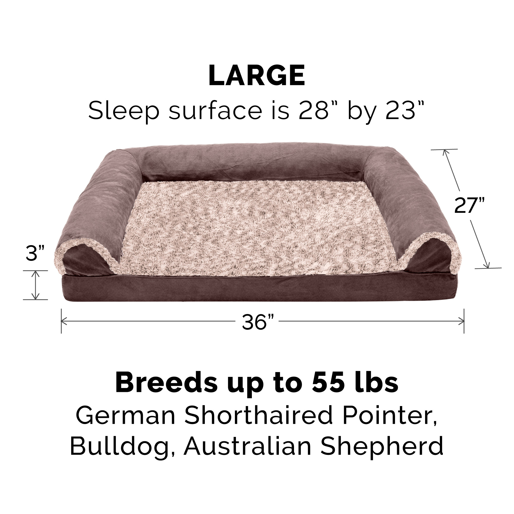 FurHaven Two-Tone Faux Fur & Suede Full Support Orthopedic Sofa Pet Bed for Dogs & Cats - Large, Espresso