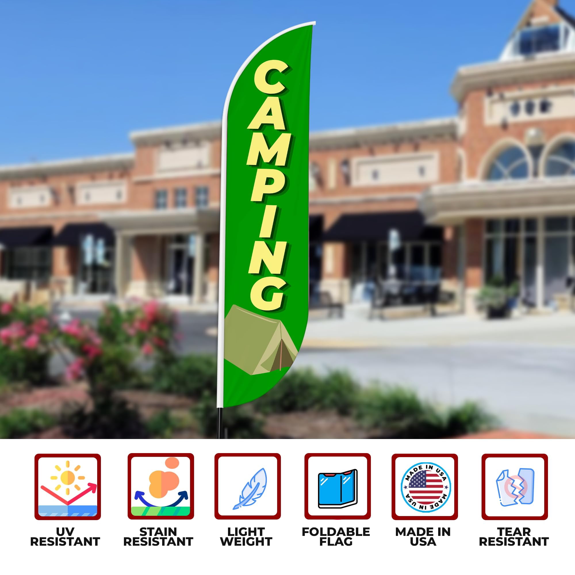 Camping Sign feather flag for Outdoor by Mavis Print | 11.5 FEET Long Polyester Outdoor Banner Flag for Easy Hang | HD Print Swooper I Flag Only for Business Advertising | Made in USA I Flag Only