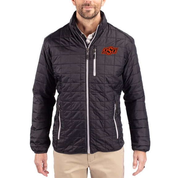 Men's-Cutter & Buck  Black Oklahoma State Cowboys Rainier Eco Insulated PrimaLoft Full-Zip Puffer Jacket