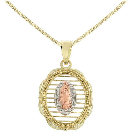 Diamond-Cut Guadalupe with Rhodium 10kt Yellow and Rose Gold Pendant, 18"