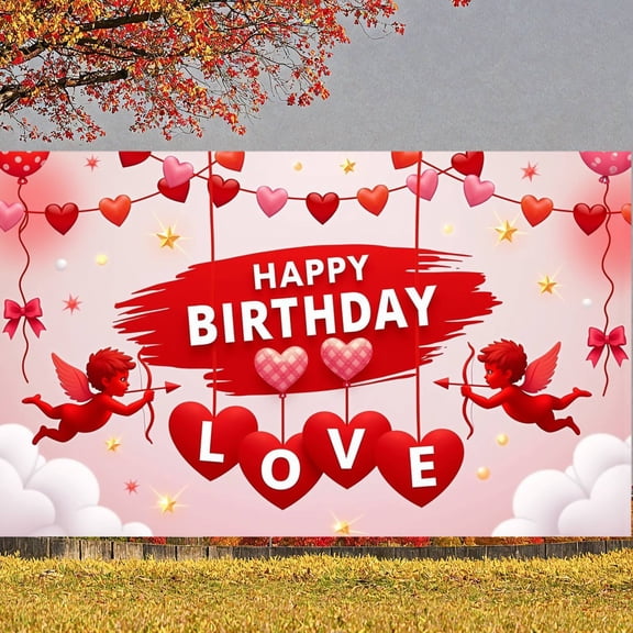 Red Theme Banner Heart-shaped Love Heart Backdrop Cupid Design Romantic Style Valentine Birthday Background for Birthday Party Romantic Celebration Valentine Event