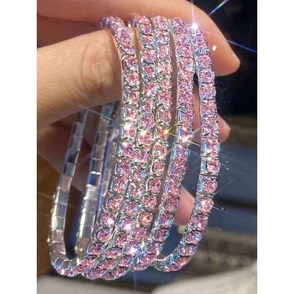 5-Pack Pink Crystal Pave Bangle Bracelets With Silvertone Setting