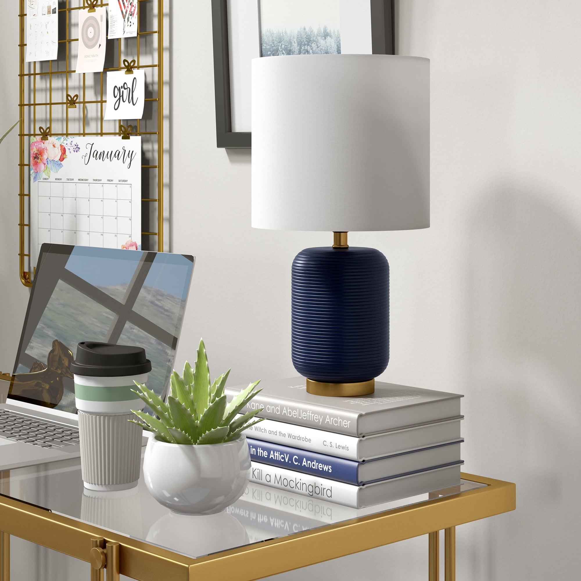 Evelyn&Zoe 15" Retro Ceramic Mini Lamp with White Drum Linen Shade