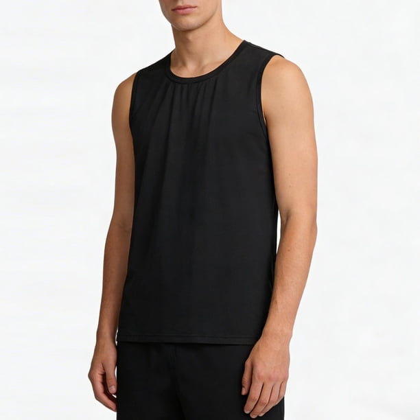 Camiseta de tirantes de cuello redondo para hombre, color liso, informal, holgada, deportiva, transpirable, de seda helada, corta, de poliéster.