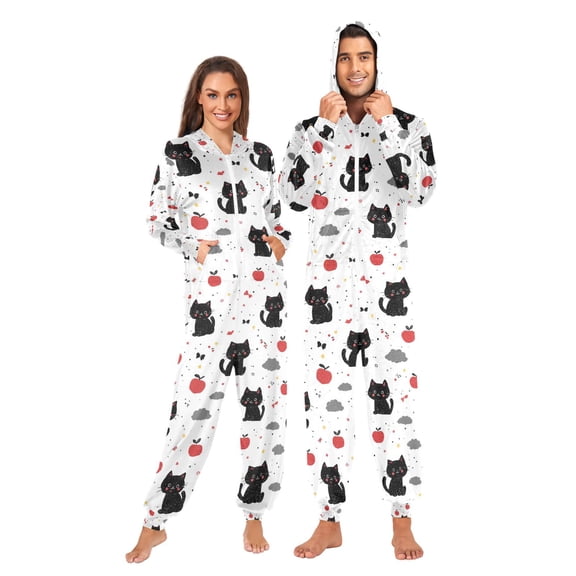 Adult Christmas Onesie Cute Black Cats Adult Zipper One-Piece Pajamas Unisex Pajamas with Pockets