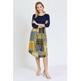 thumbnail image 3 of Navy 3/4 Sleeve Mustard Patchwork Midi Dress with Olive Band | S-3X, 3 of 7