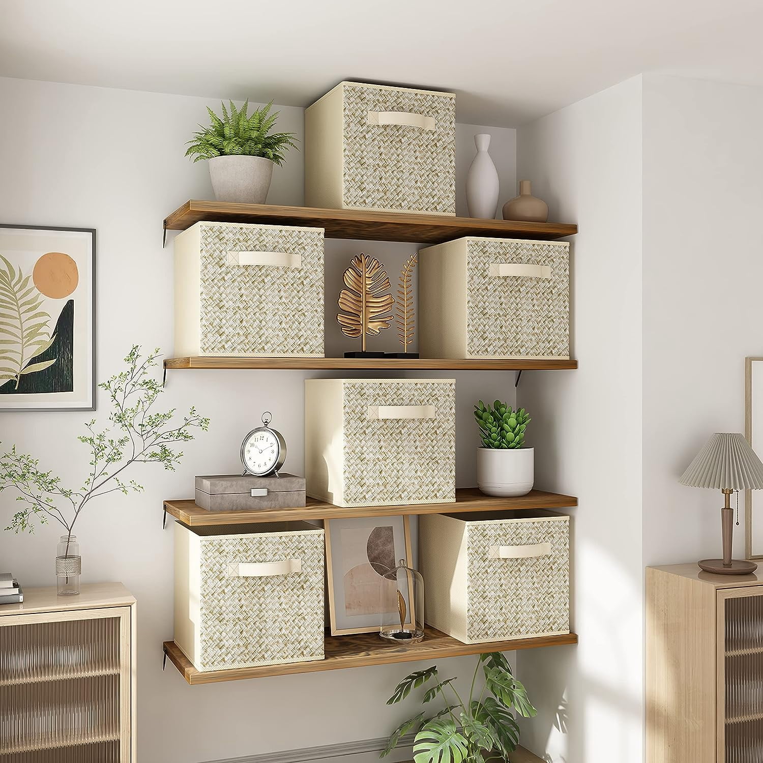 Werseon 11 Inch Storage Cubes with Handle, Set of 6 Foldable Cube Storage Bins, Collapsible Fabric Storage Boxes for Organizing Closet Bins-Beige