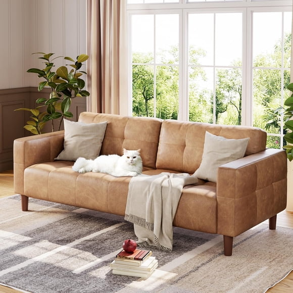 Eastvita 3-Seater Faux Leather Sofa with Spring Cushions Modern/Deep-Seated for Living Room/Bedroom/or Office (Brown)