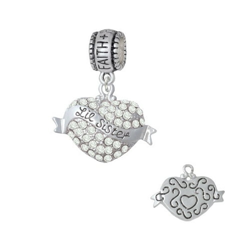 - Lil Sister Banner on Clear Crystal Heart - Faith Hope Love Charm Bead