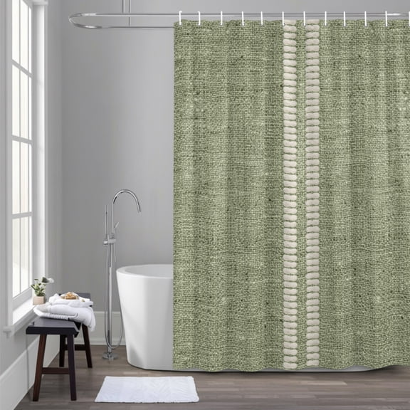 Cream Grain Line 72x96 Inches Waterproof Shower Curtain, Sage Green Woven Canvas Style Romantic Country Bath Curtain Set with 12 Hooks Washable Shower Curtains for Bathroom Bathtub Decor